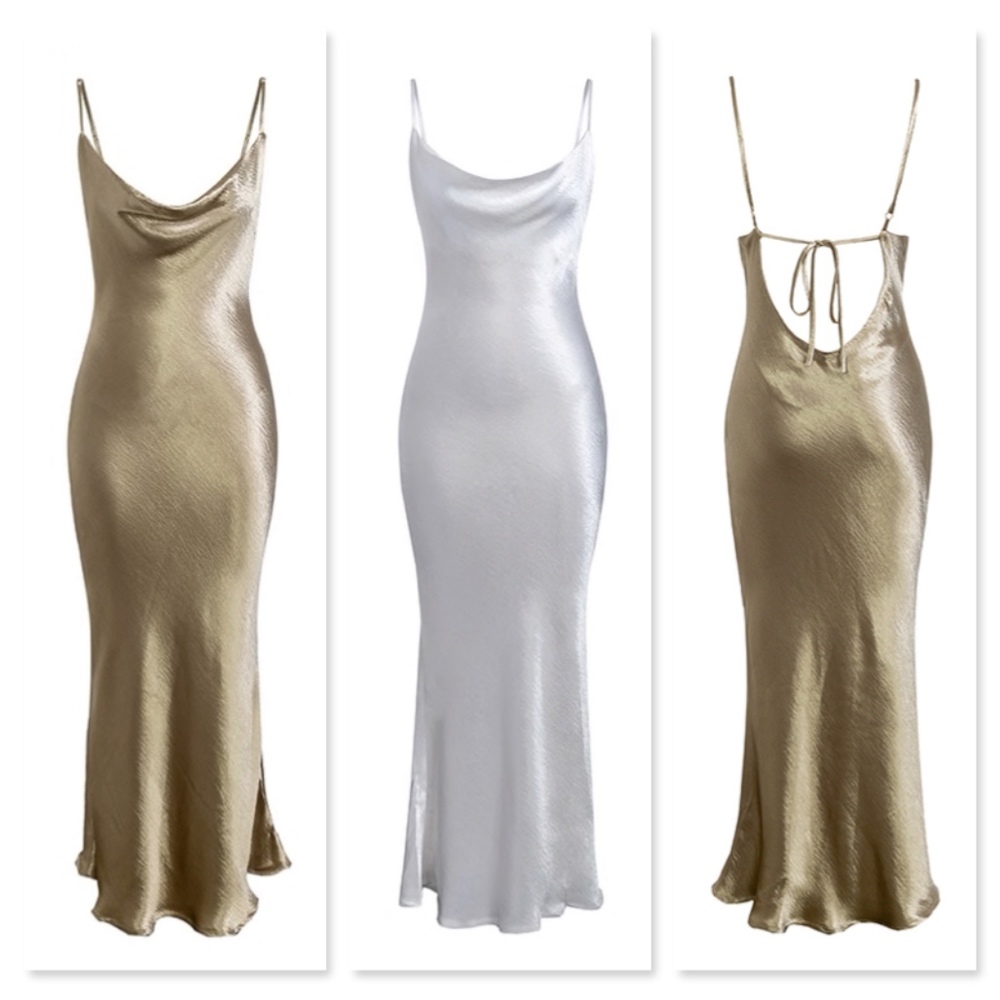 Gold or White Backless Satin Cami Long Slip Dress - Picture 7 of 16